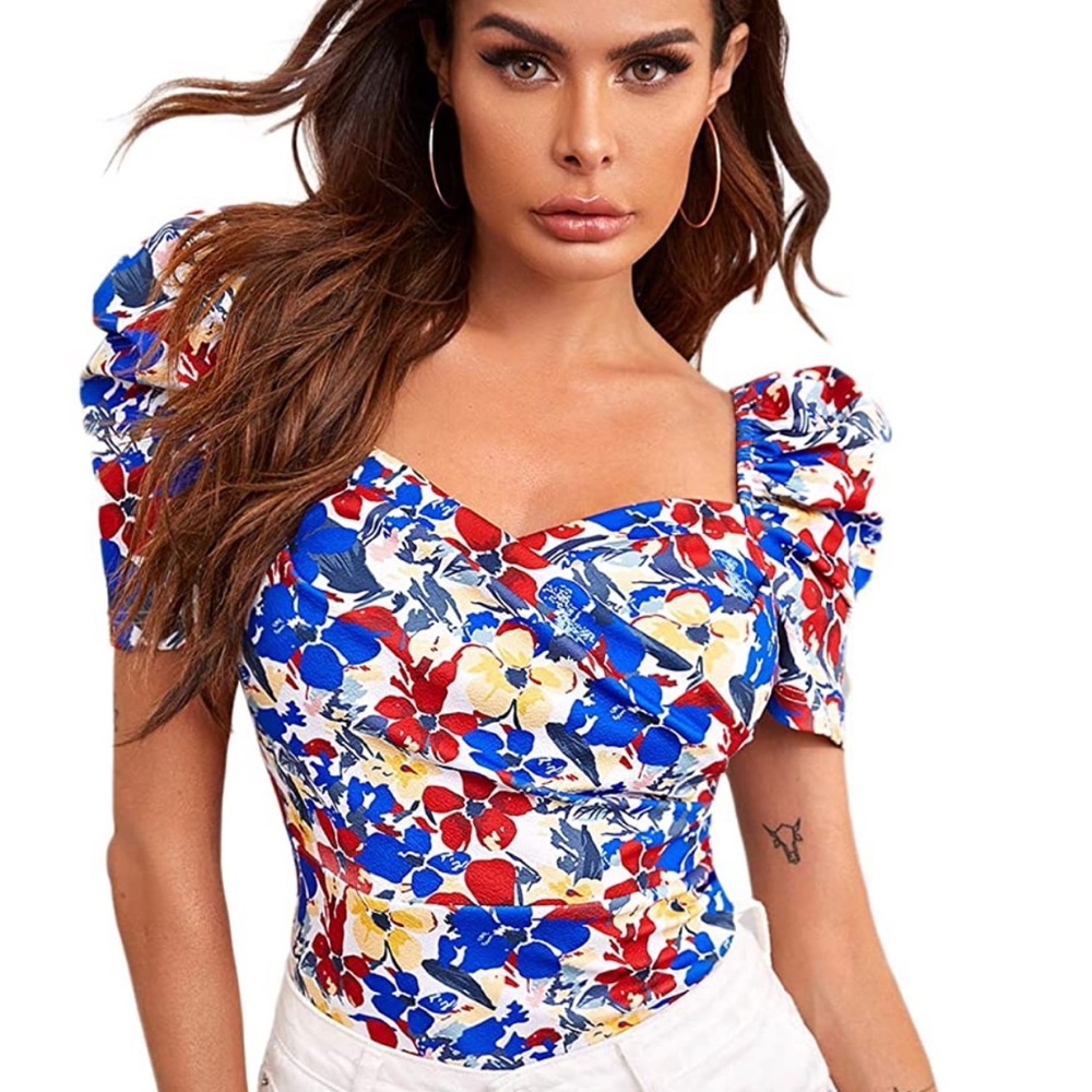 Milumia Women Elegant Floral Print Puff Short Sleeve Sweetheart Neck Shirt Top